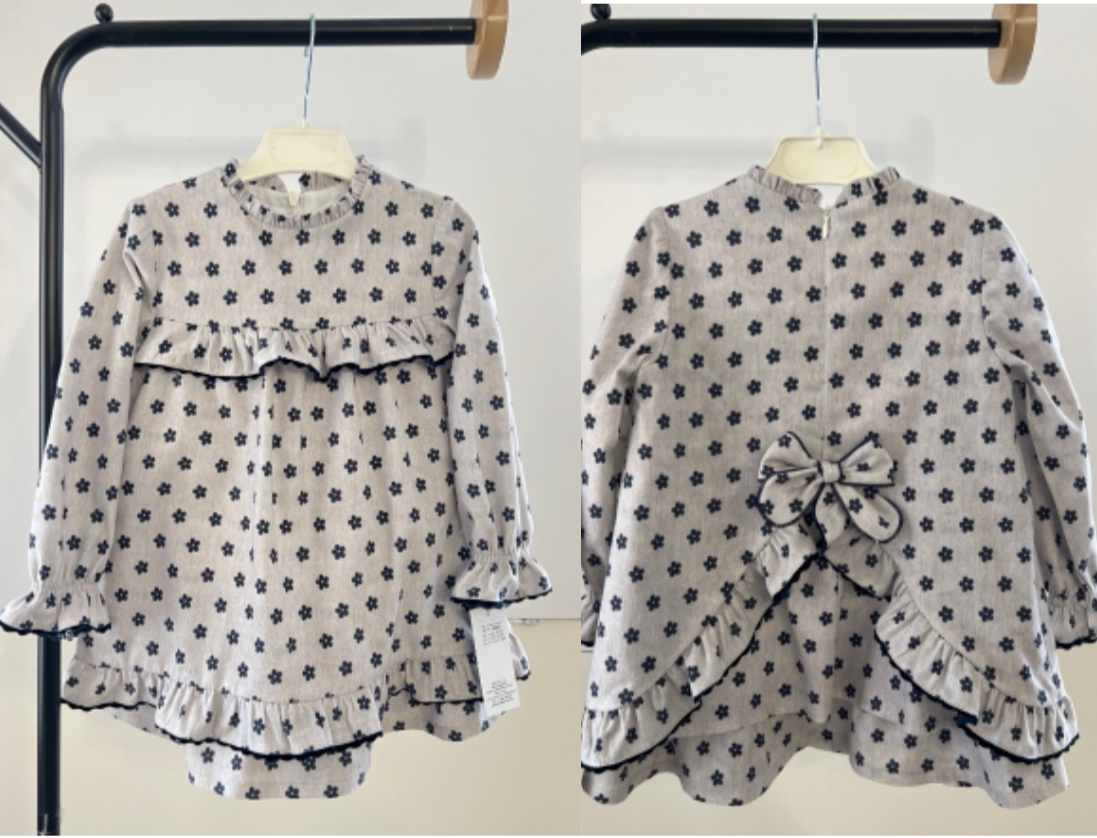 GIRL DRESS FLOWER GRAY/BLUE BOW BACK
