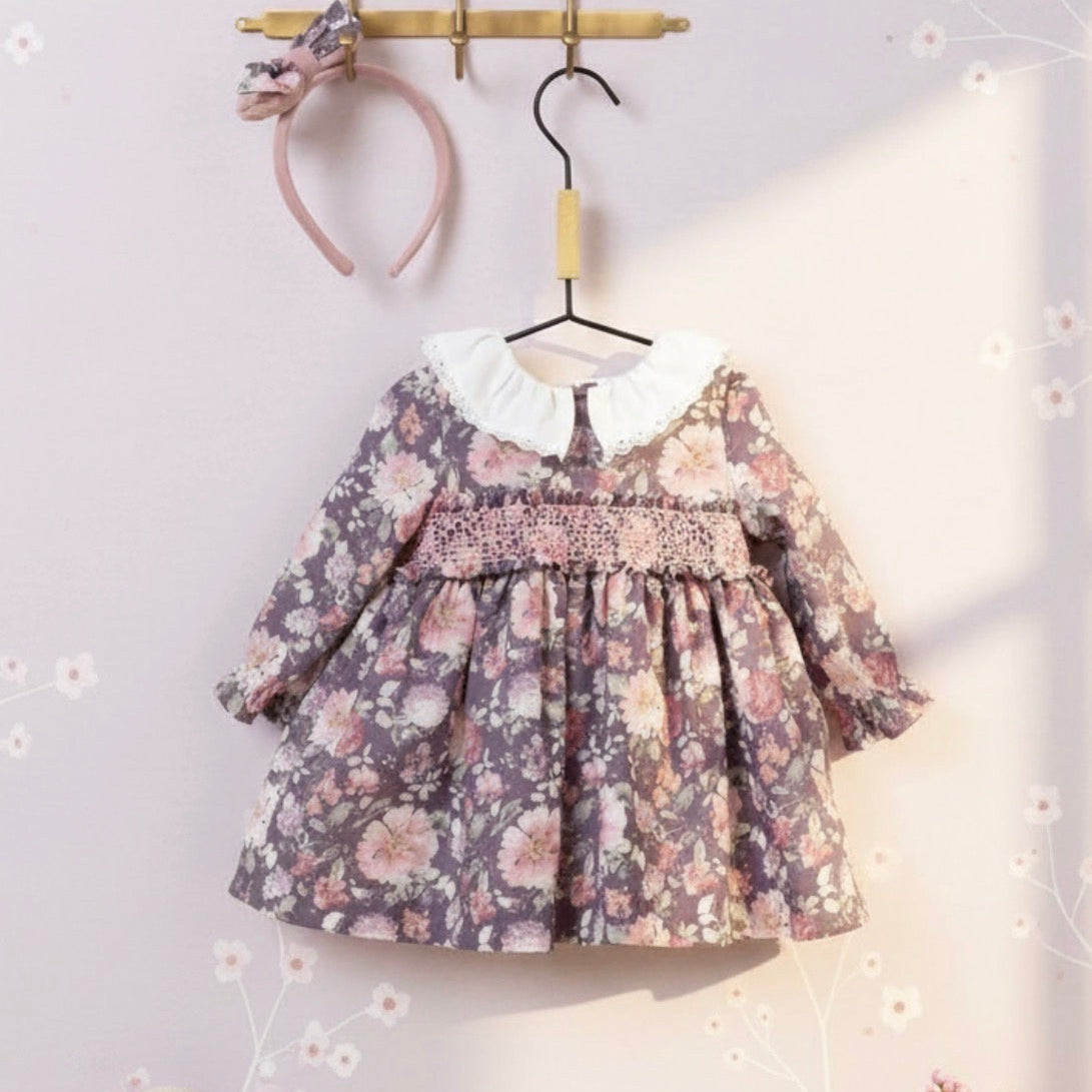 GIRL DRESS FLOWERS/PURPLE COLLAR WHITE