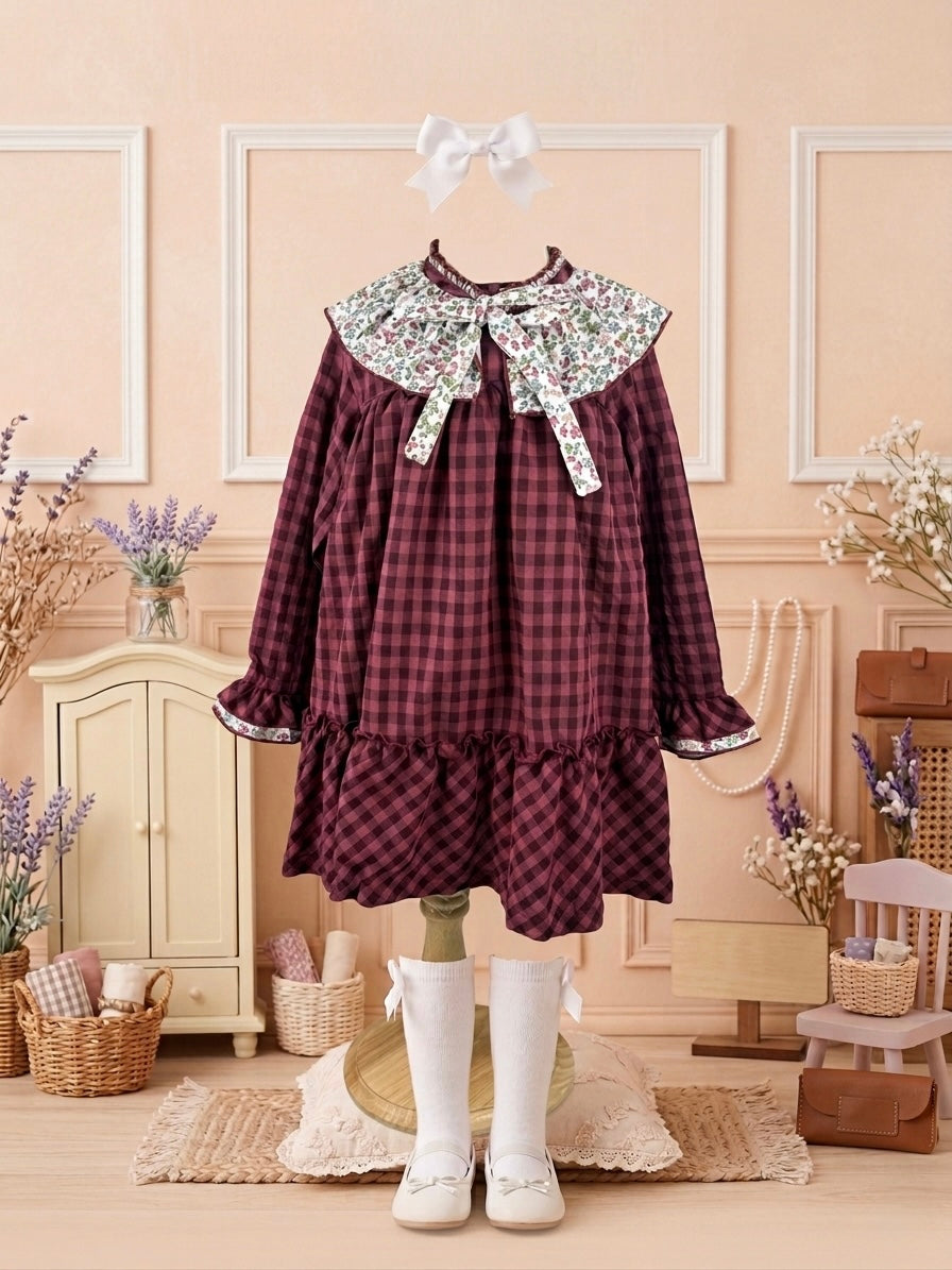 GIRL DRESS SQUARE/FLOWERS RED WINE