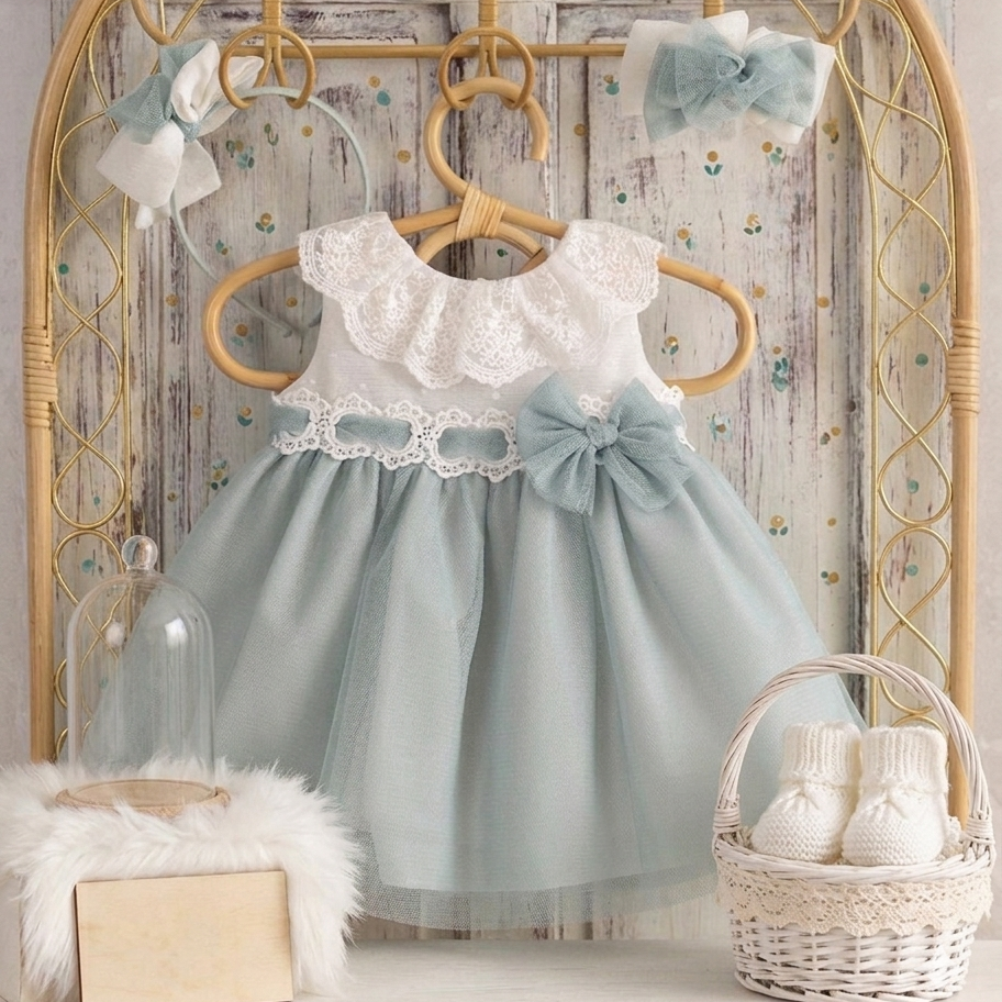 BABY DRESS WHITE AND GREEN INTERTWINED