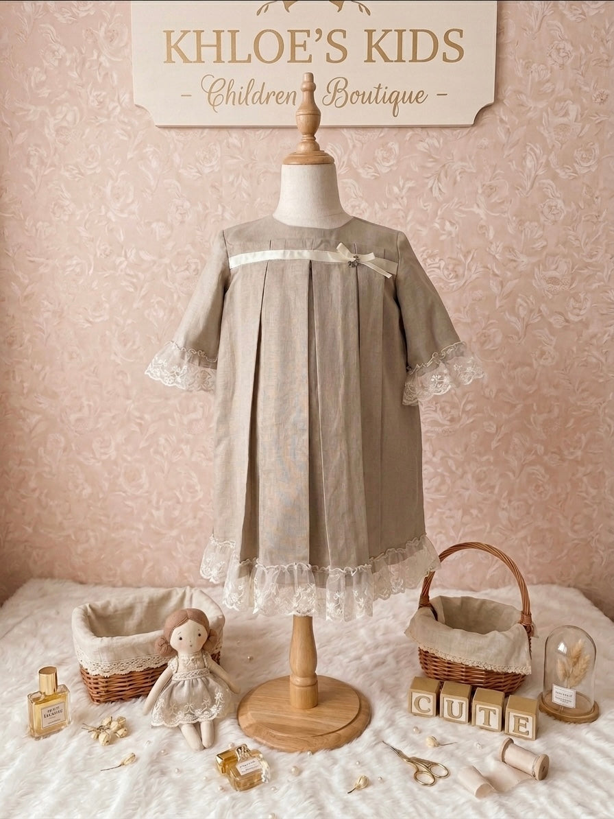 GIRL DRESS BEIGE LINEN PLANKS