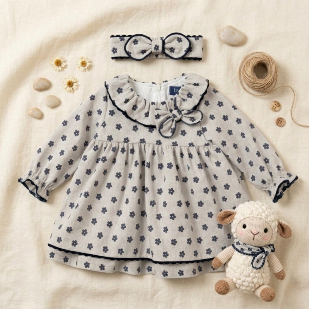 BABY DRESS GRAY/BLUE FLOWERS