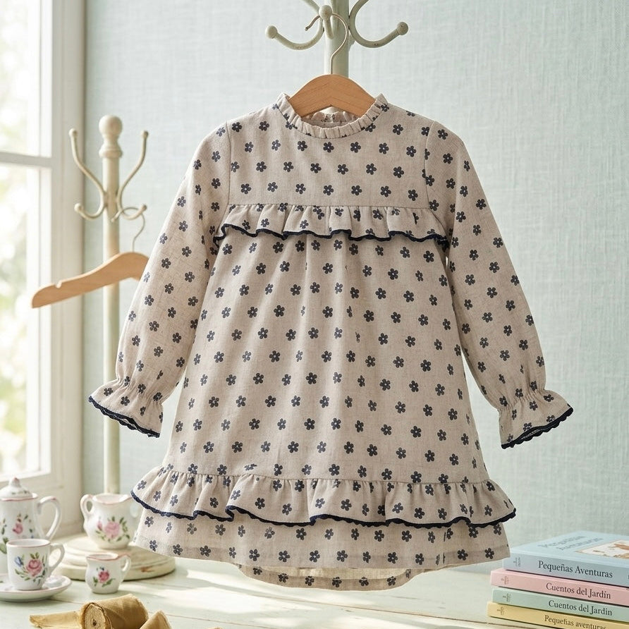 GIRL DRESS FLOWER GRAY/BLUE BOW BACK