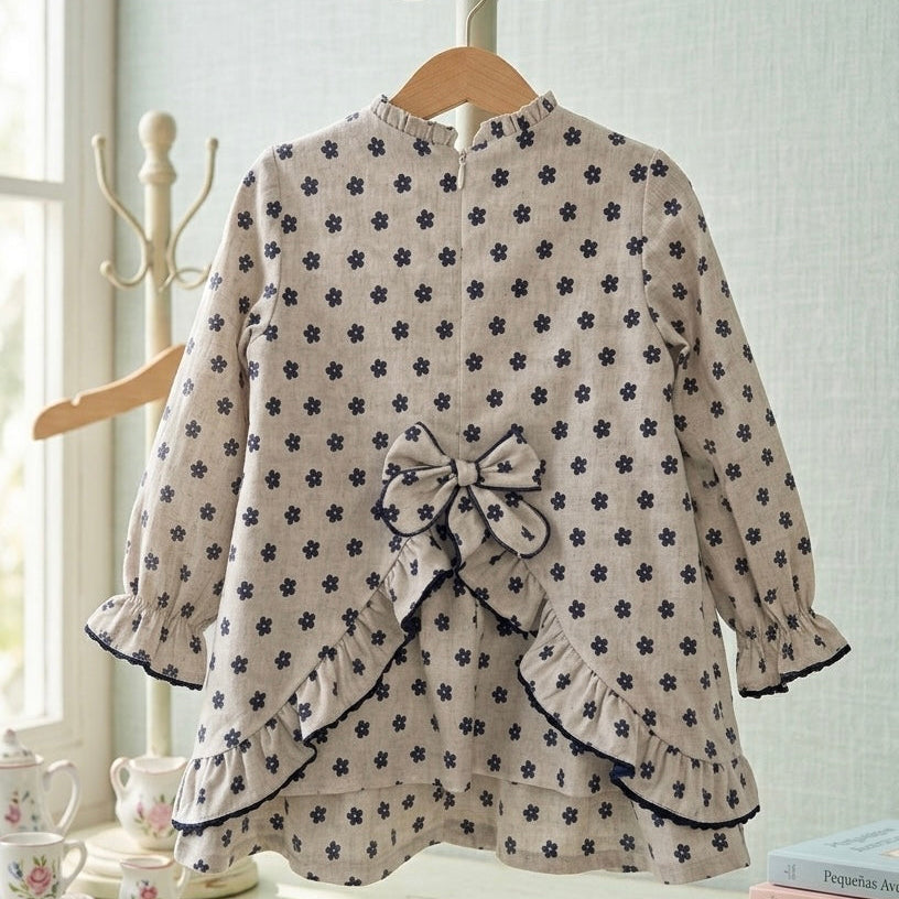 GIRL DRESS FLOWER GRAY/BLUE BOW BACK