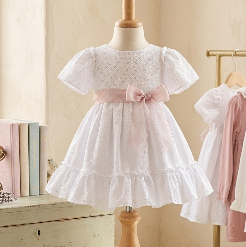 GIRL DRESS WHITE EMBROIDERED FABRIC