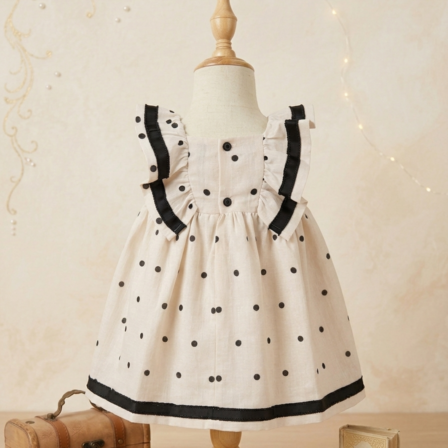 POLKA CREM/BLACK GIRL DRESS