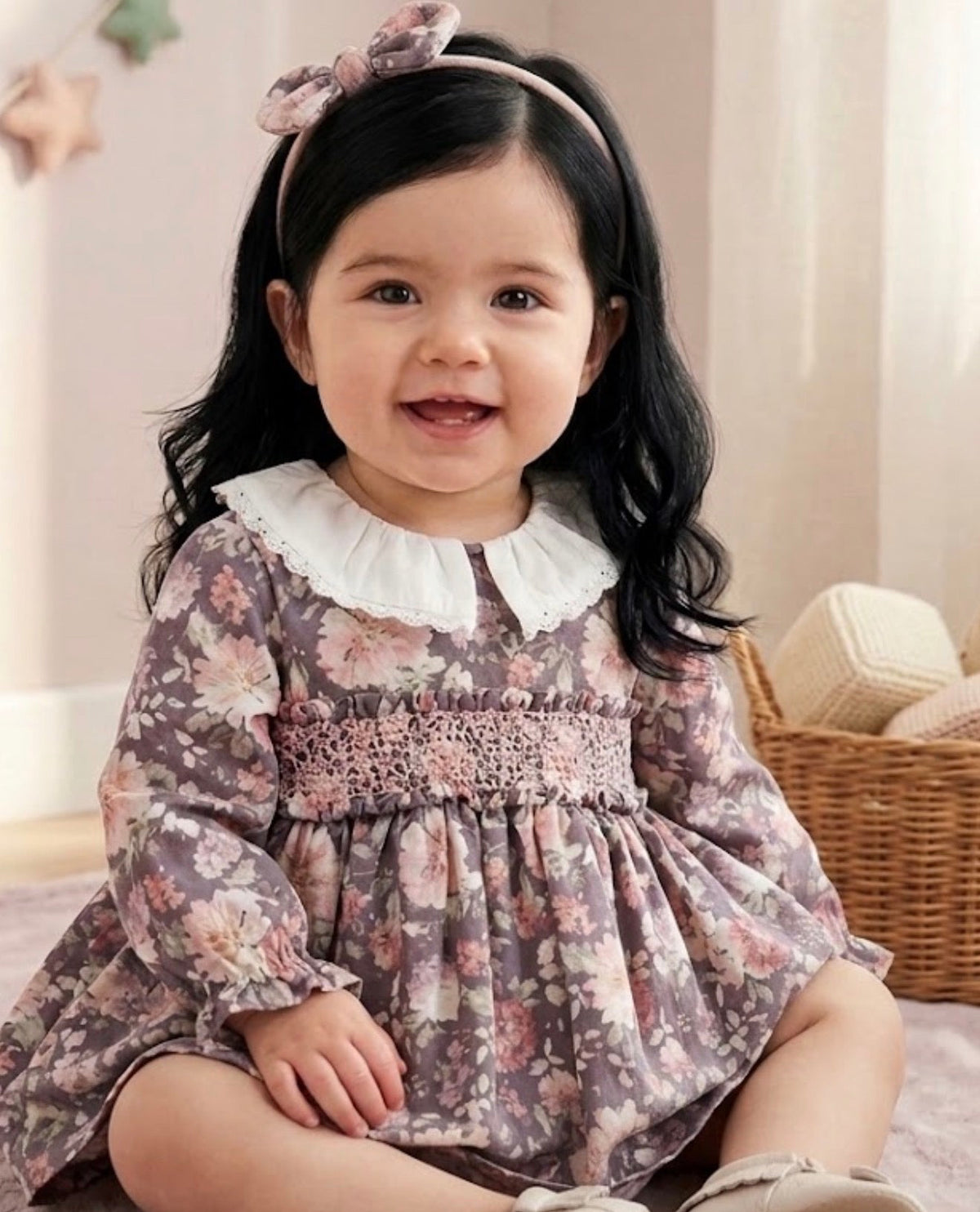 GIRL DRESS FLOWERS/PURPLE COLLAR WHITE