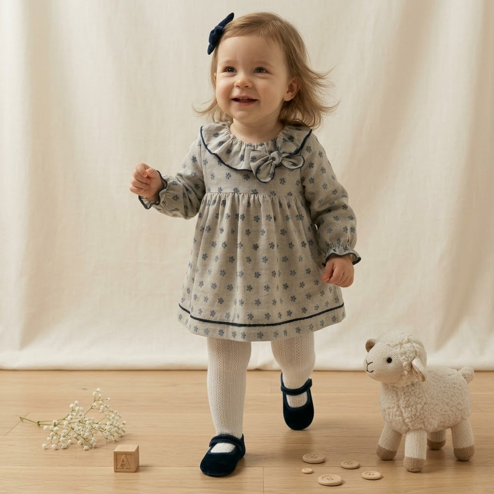 BABY DRESS GRAY/BLUE FLOWERS