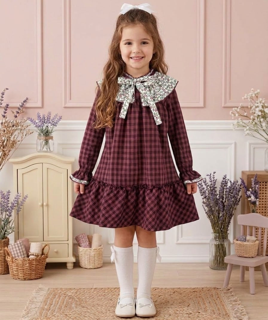 GIRL DRESS SQUARE/FLOWERS RED WINE