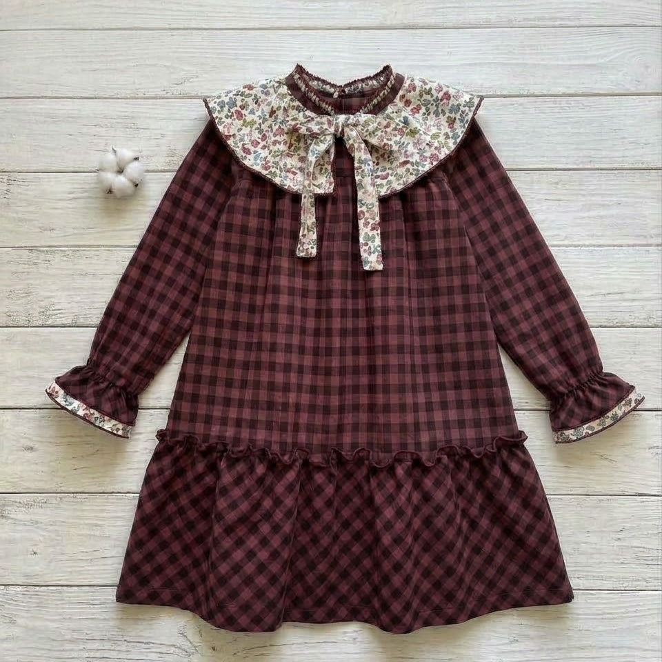 GIRL DRESS SQUARE/FLOWERS RED WINE
