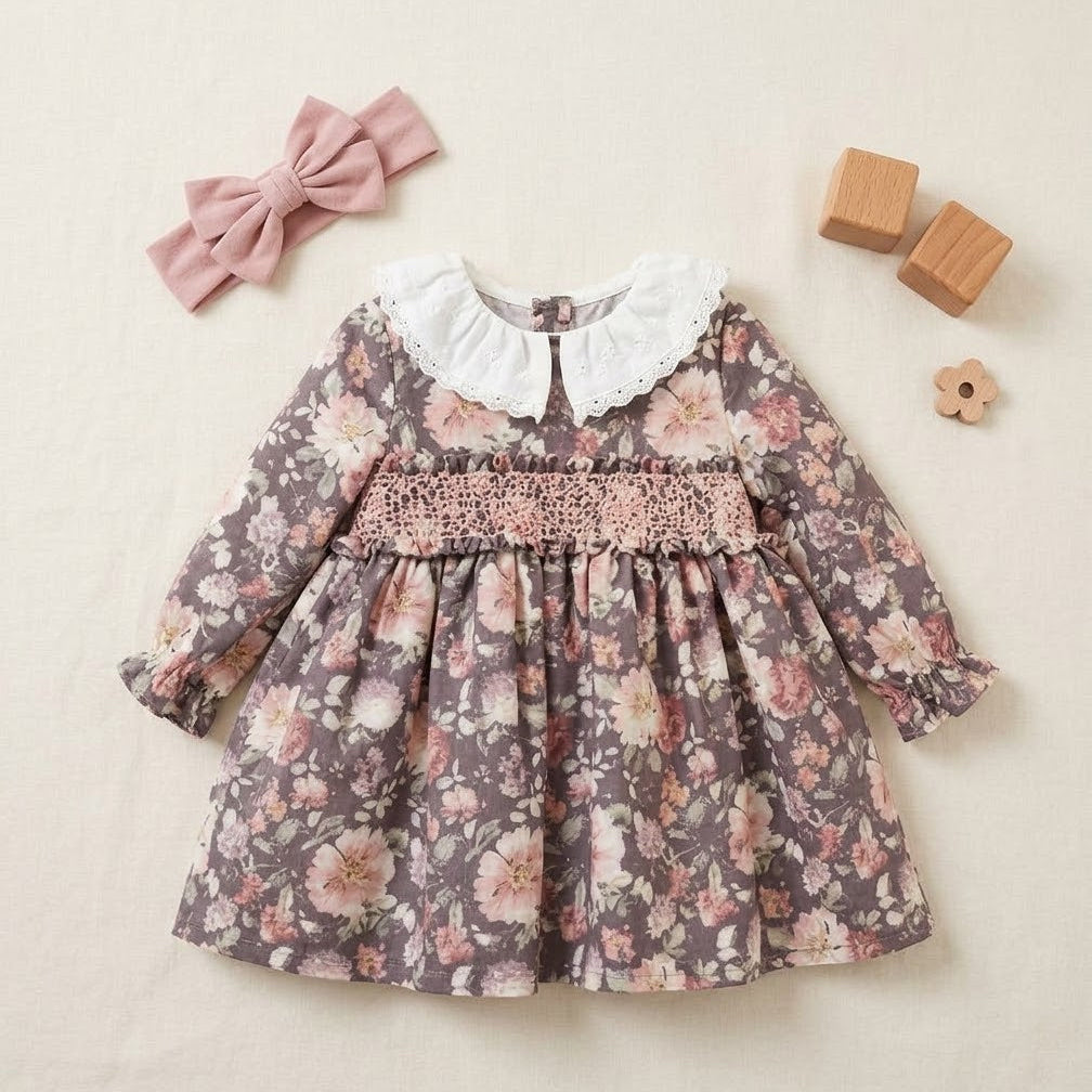 GIRL DRESS FLOWERS/PURPLE COLLAR WHITE