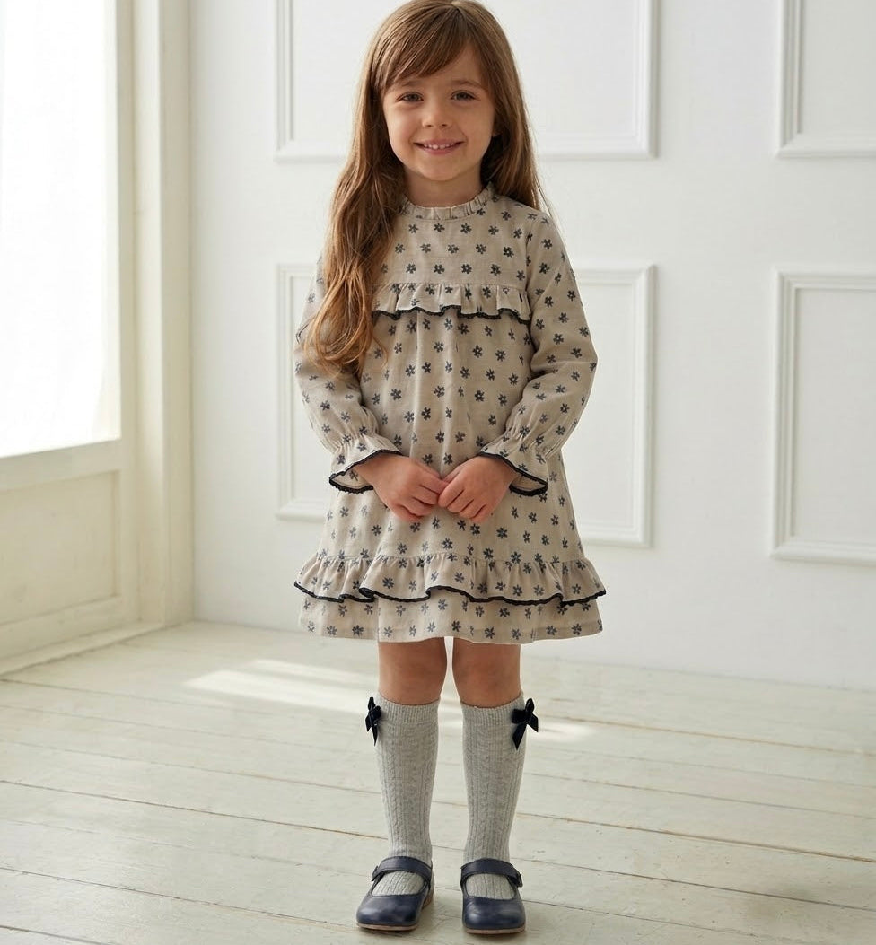 GIRL DRESS FLOWER GRAY/BLUE BOW BACK