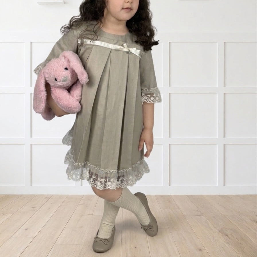 GIRL DRESS BEIGE LINEN PLANKS