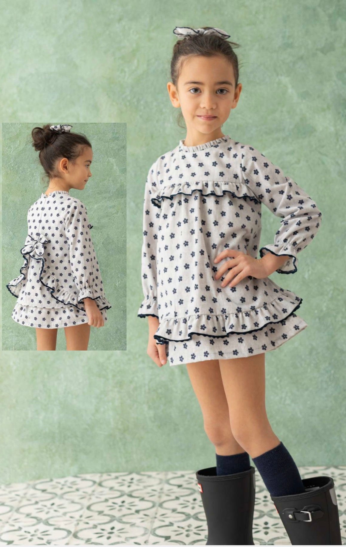 GIRL DRESS FLOWER GRAY/BLUE BOW BACK