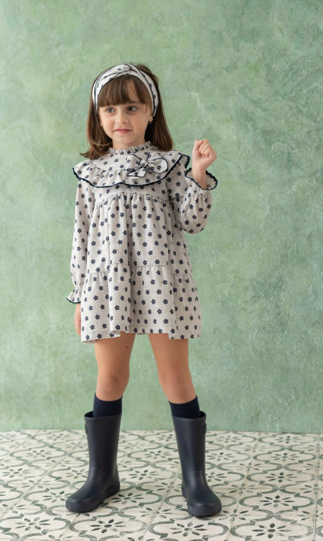 GIRL DRESS FLOWER GRAY/BLUE CIRCULAR NECK