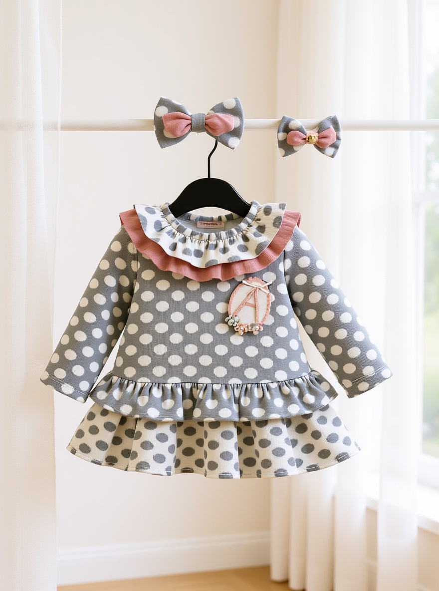 BABY GIRL DRESS GRAY POLKA DOT