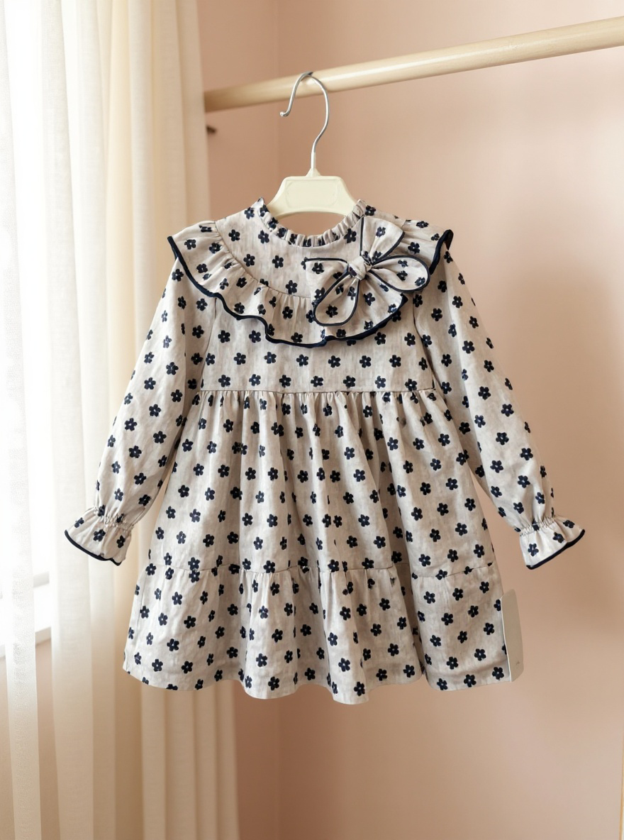 GIRL DRESS FLOWER GRAY/BLUE CIRCULAR NECK