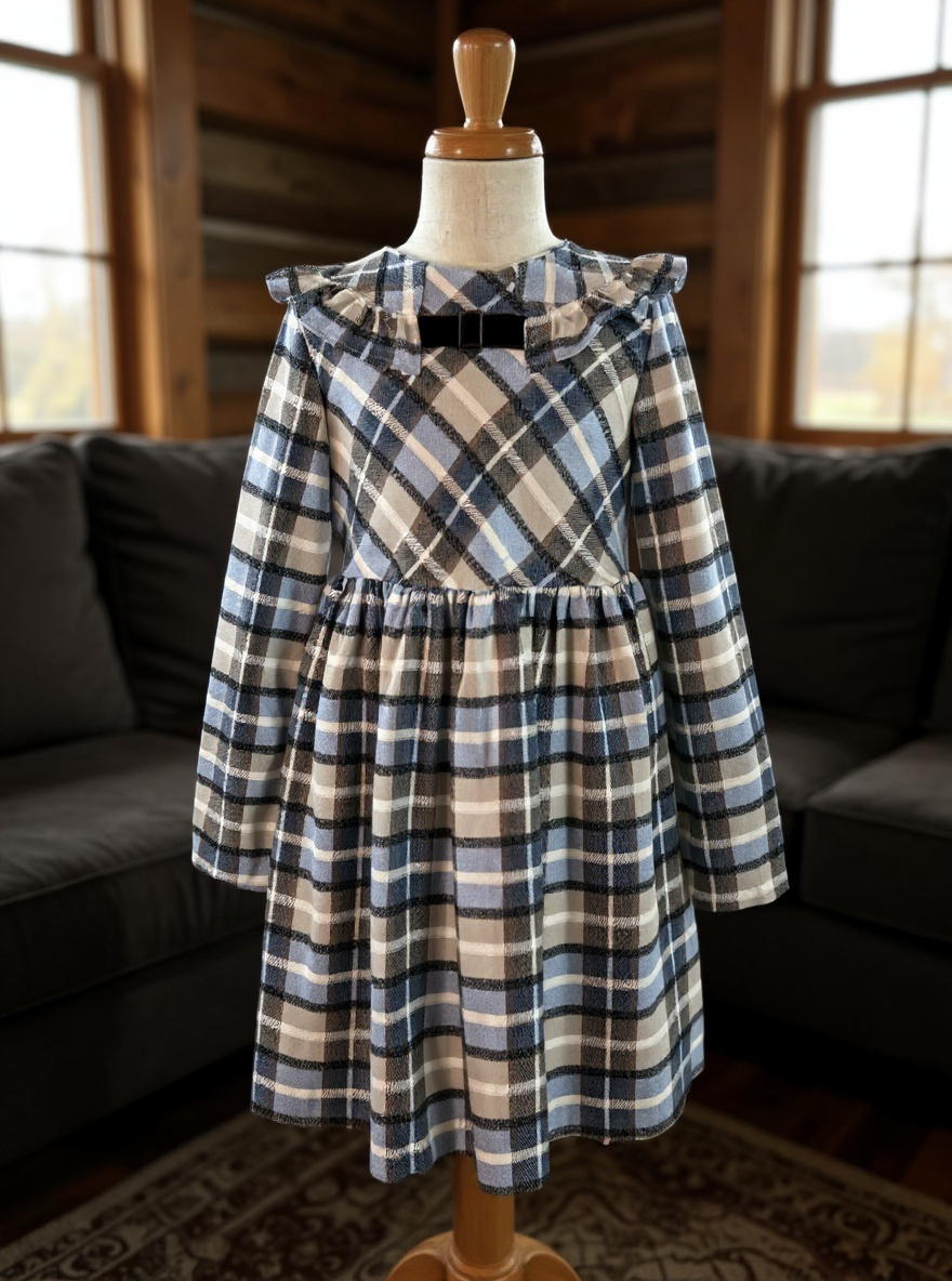 GIRL DRESS BROWN PLAID WITH WAISTBAND