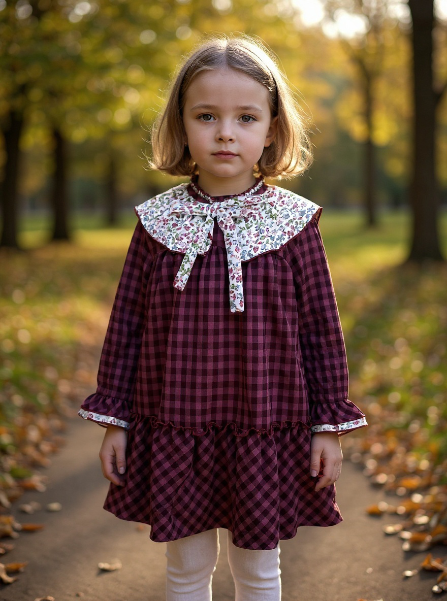 GIRL DRESS SQUARE/FLOWERS RED WINE