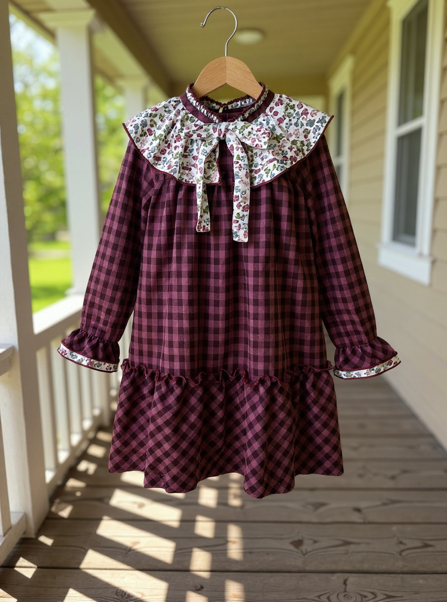 GIRL DRESS SQUARE/FLOWERS RED WINE