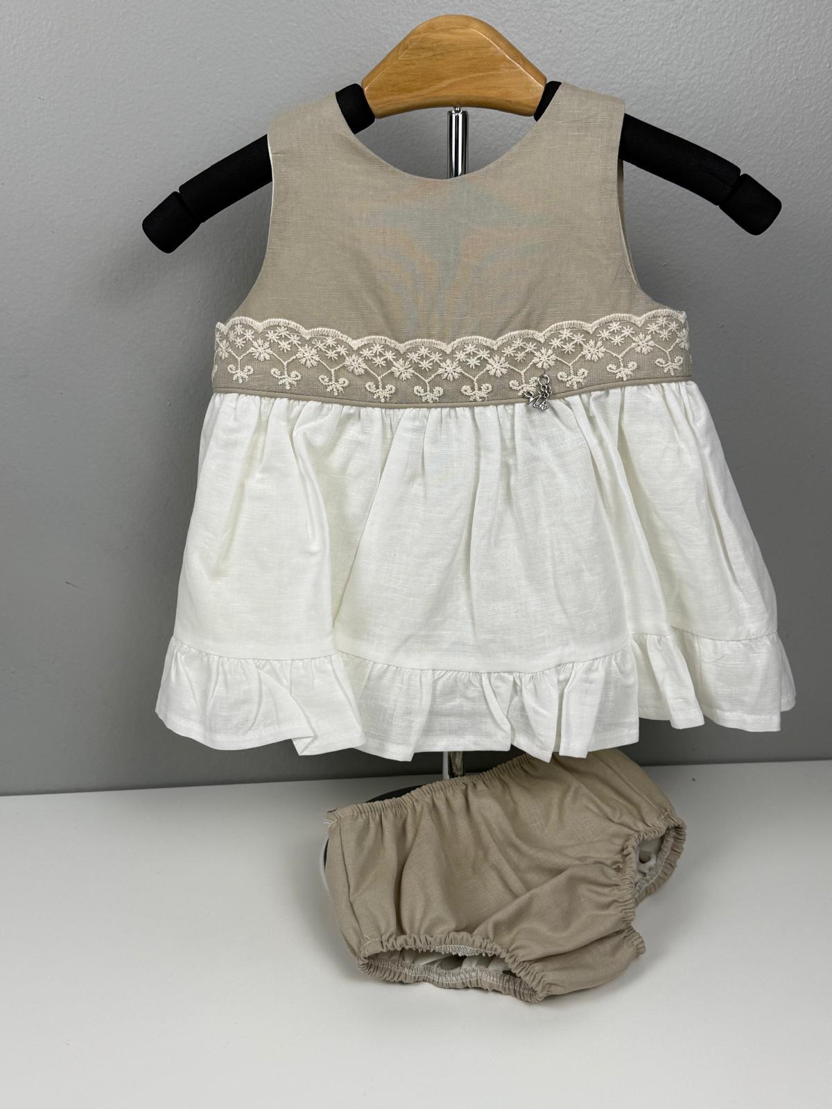 GIRL DRESS PEARL AND BEIGE LINEN