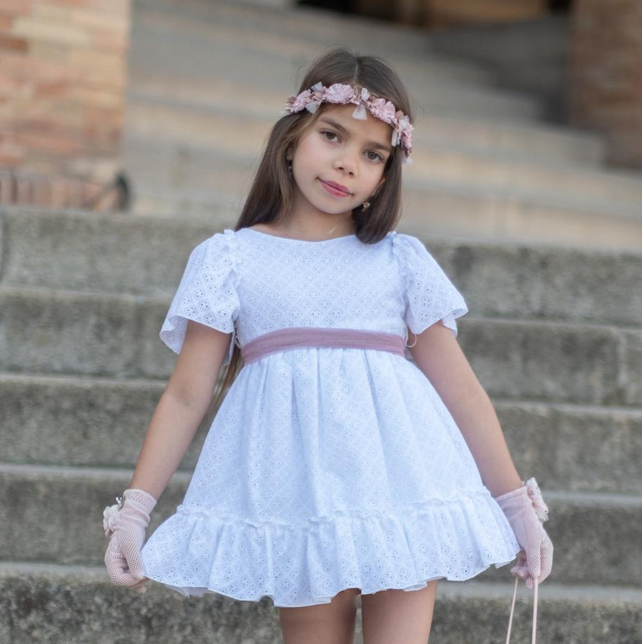 GIRL DRESS WHITE EMBROIDERED FABRIC