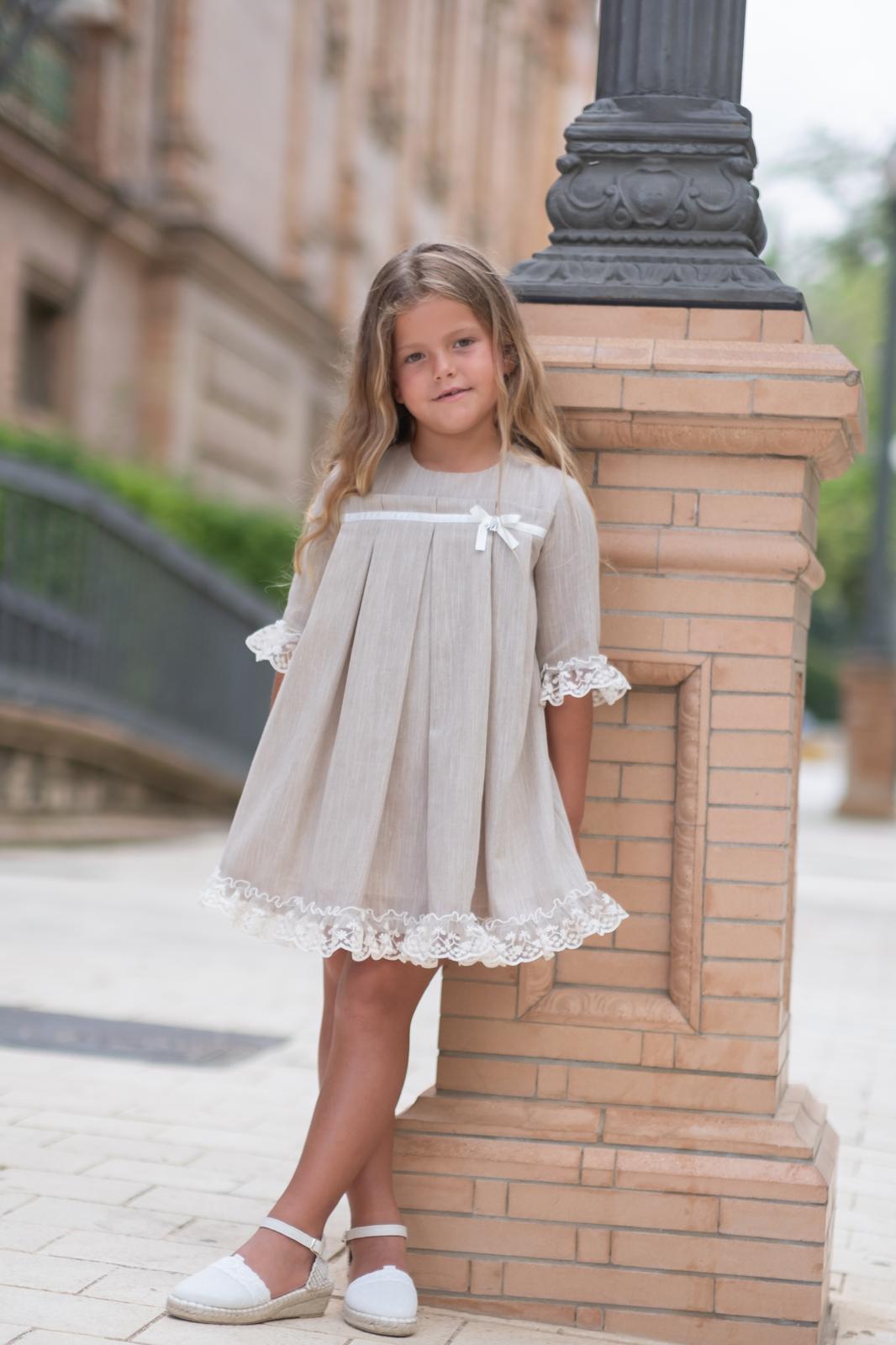 GIRL DRESS BEIGE LINEN PLANKS