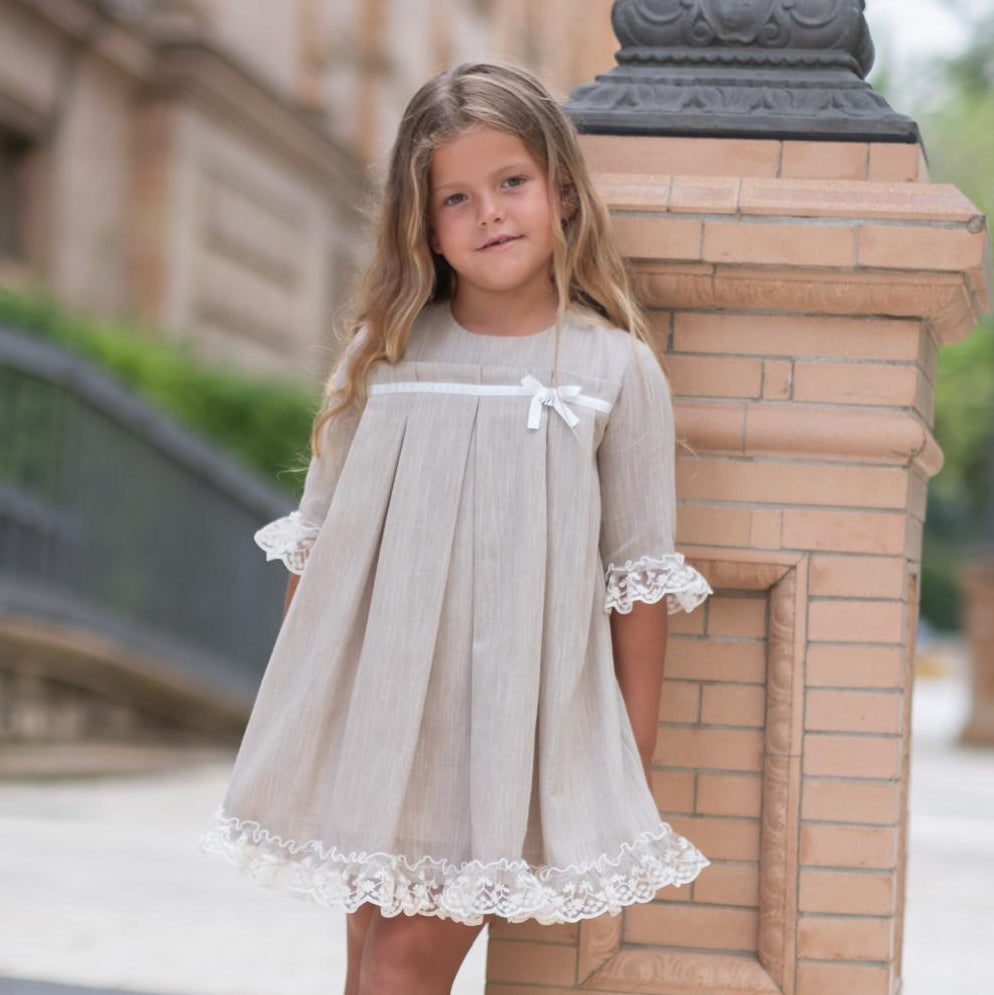 GIRL DRESS BEIGE LINEN PLANKS