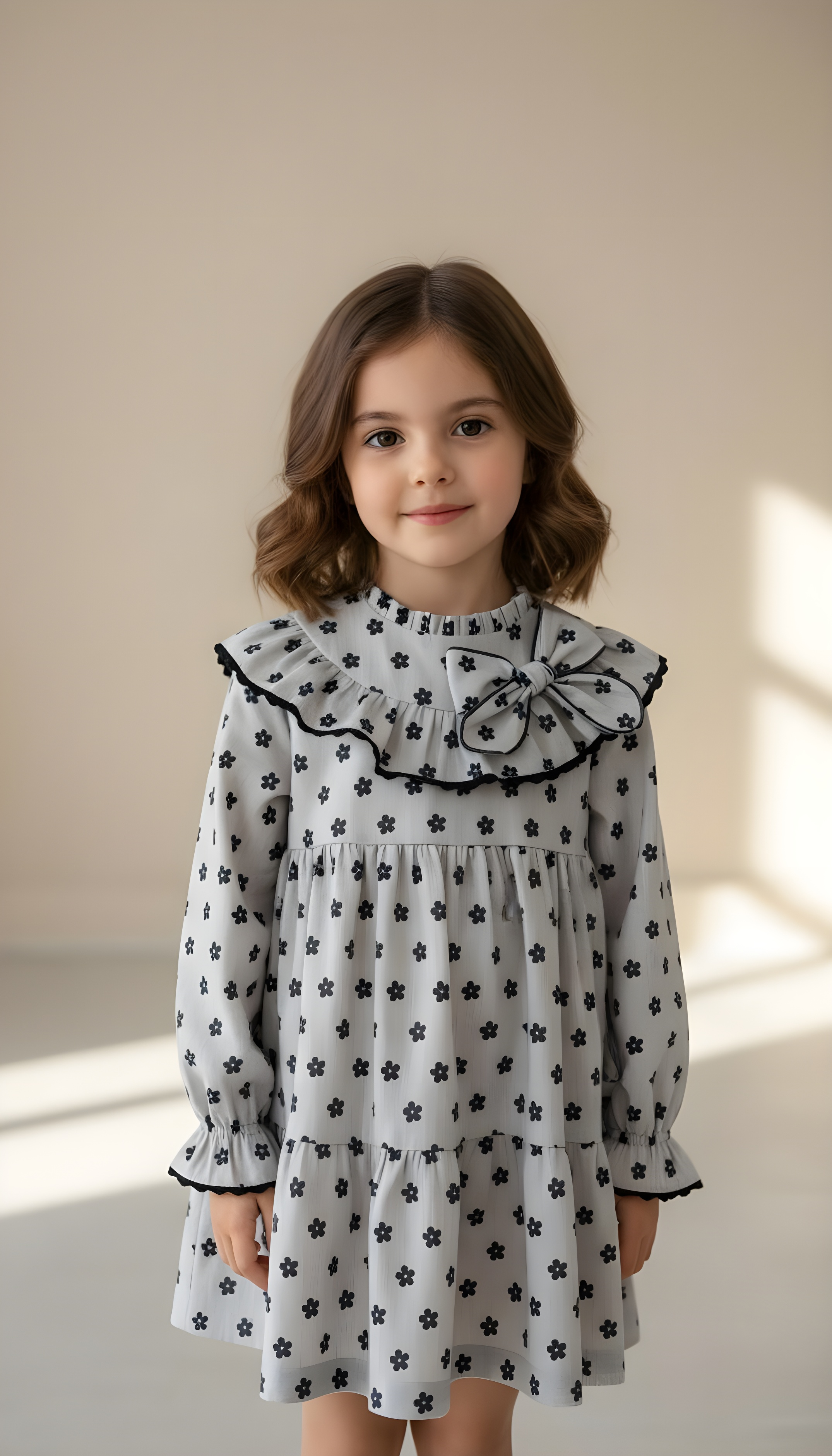 GIRL DRESS FLOWER GRAY/BLUE CIRCULAR NECK